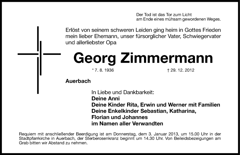  Traueranzeige für Georg Zimmermann vom 02.01.2013 aus Nordbayerische Nachrichten Pegnitz Lokal