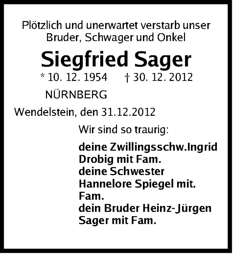  Traueranzeige für Siegfried Sager vom 02.01.2013 aus Gesamtausgabe Nürnberger Nachrichten/ Nürnberger Ztg.
