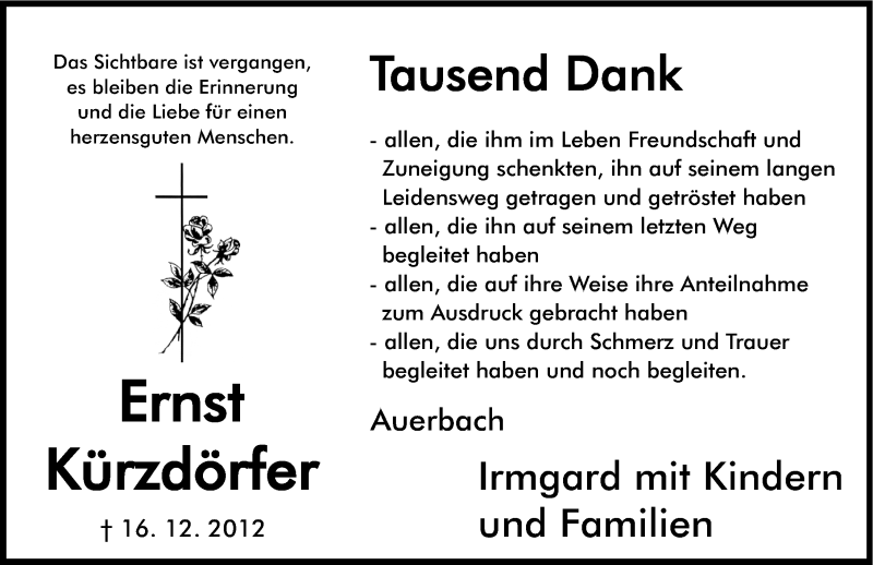  Traueranzeige für Ernst Kürzdörfer vom 05.01.2013 aus Nordbayerische Nachrichten Pegnitz Lokal