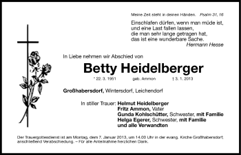 Traueranzeige von Betty Heidelberger von Fürther Nachrichten Lokal