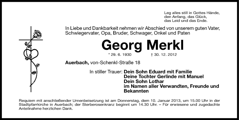  Traueranzeige für Georg Merkl vom 05.01.2013 aus Nordbayerische Nachrichten Pegnitz Lokal