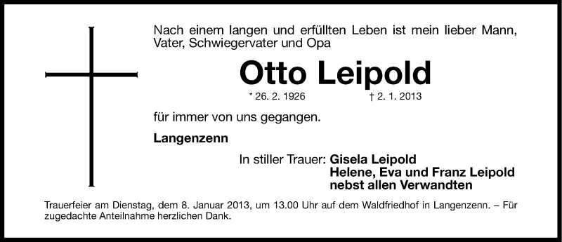  Traueranzeige für Otto Leipold vom 05.01.2013 aus Fürther Nachrichten Lokal