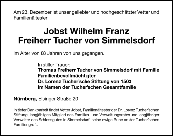 Traueranzeige von Jobst Wilhelm Franz Freiherr Tucher von Simmelsdorf von Gesamtausgabe Nürnberger Nachrichten/ Nürnberger Ztg.