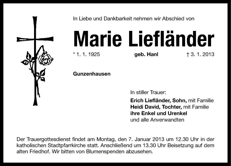  Traueranzeige für Marie Liefländer vom 05.01.2013 aus Altmühl-Bote Lokal