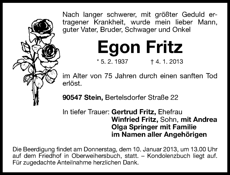  Traueranzeige für Egon Fritz vom 08.01.2013 aus Gesamtausgabe Nürnberger Nachrichten/ Nürnberger Ztg.