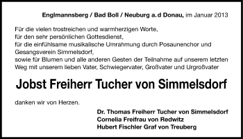 Traueranzeige von Jobst Wilhelm Franz Freiherr Tucher von Simmelsdorf von Gesamtausgabe Nürnberger Nachrichten/ Nürnberger Ztg.