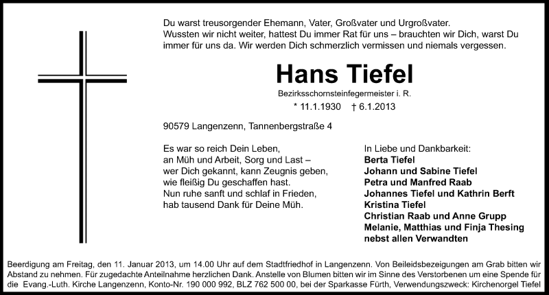  Traueranzeige für Hans Tiefel vom 08.01.2013 aus Fürther Nachrichten Lokal
