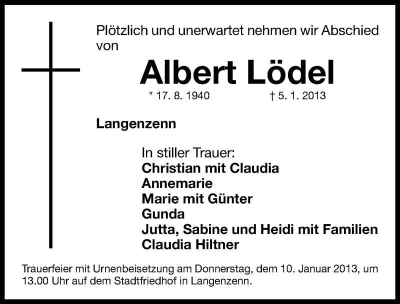  Traueranzeige für Albert Lödel vom 08.01.2013 aus Fürther Nachrichten Lokal