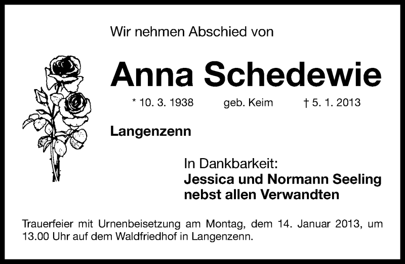  Traueranzeige für Anna Schedewie vom 10.01.2013 aus Fürther Nachrichten Lokal