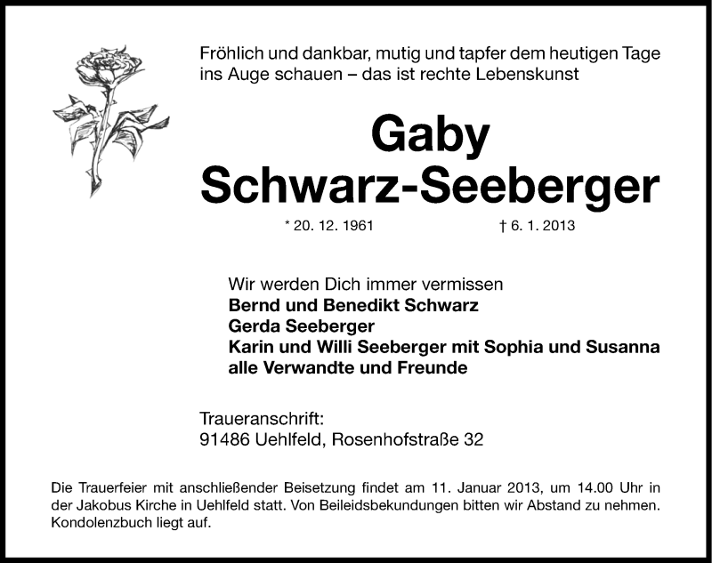  Traueranzeige für Gabriele Schwarz-Seeberger vom 09.01.2013 aus Gesamtausgabe Nürnberger Nachrichten/ Nürnberger Ztg.