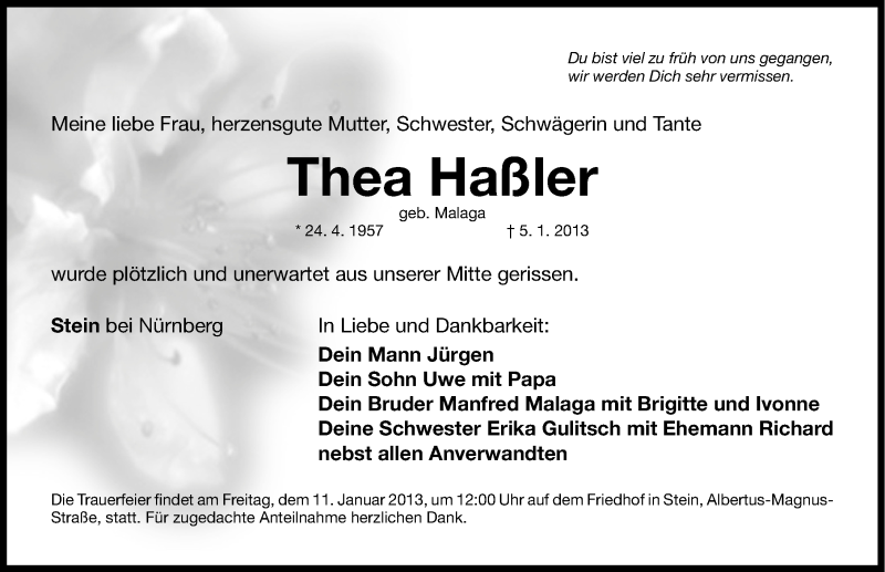  Traueranzeige für Thea Haßler vom 09.01.2013 aus Nordbayerische Nachrichten Pegnitz Lokal
