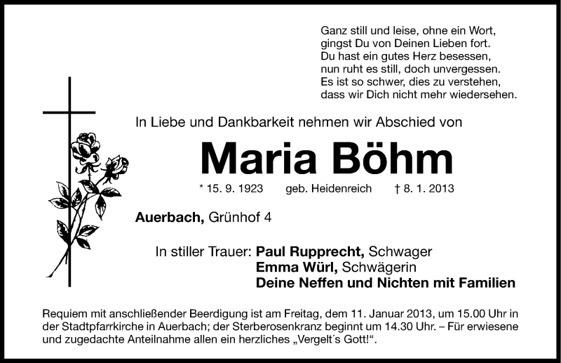  Traueranzeige für Maria Böhm vom 10.01.2013 aus Nordbayerische Nachrichten Pegnitz Lokal