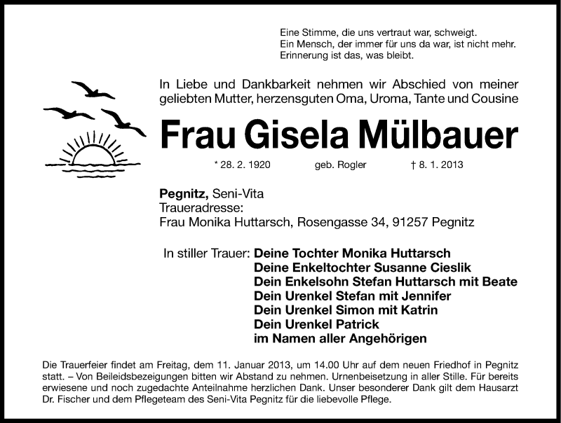  Traueranzeige für Gisela Mülbauer vom 10.01.2013 aus Nordbayerische Nachrichten Pegnitz Lokal