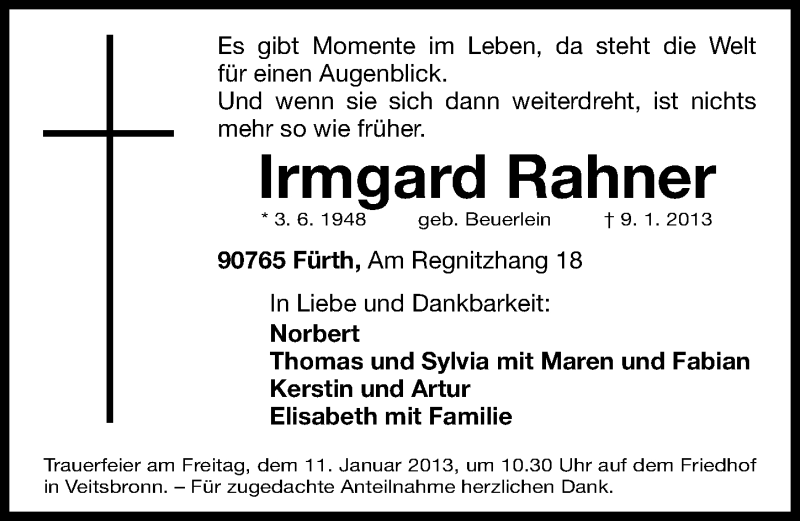 Traueranzeige für Irmgard Rahner vom 10.01.2013 aus Fürther Nachrichten Lokal