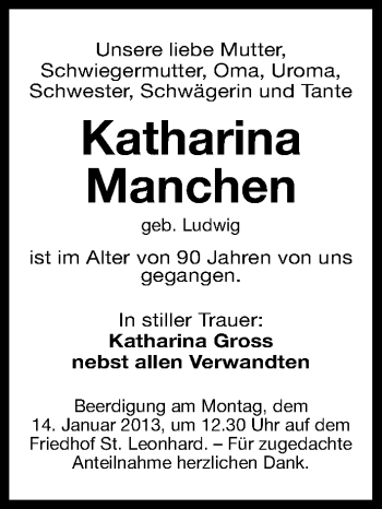 Traueranzeige von Katharina Manchen von Gesamtausgabe Nürnberger Nachrichten/ Nürnberger Ztg.