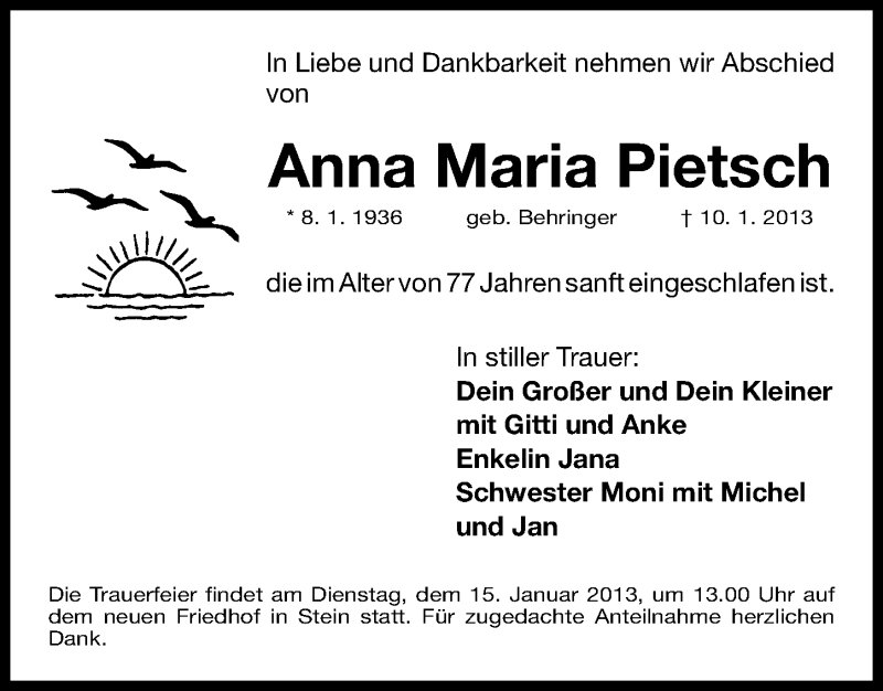  Traueranzeige für Anna Maria Pietsch vom 12.01.2013 aus Gesamtausgabe Nürnberger Nachrichten/ Nürnberger Ztg.