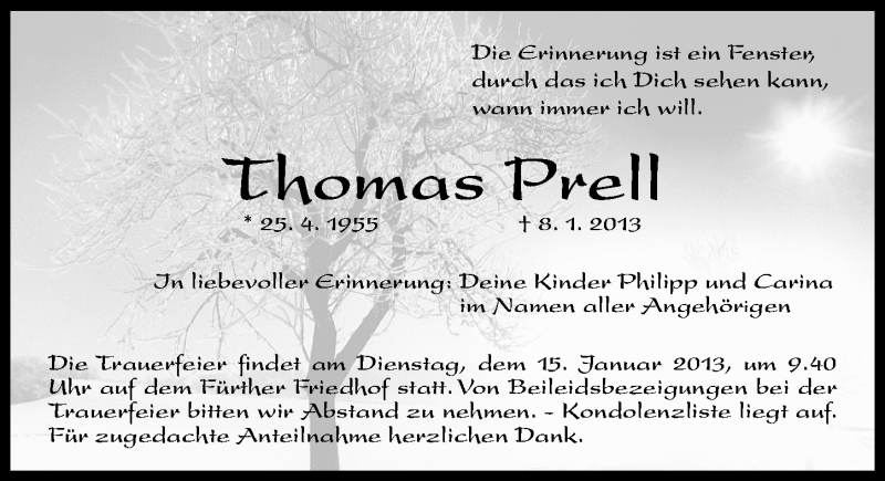  Traueranzeige für Thomas Prell vom 12.01.2013 aus Fürther Nachrichten Lokal