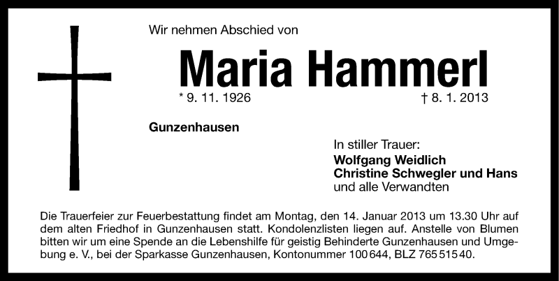  Traueranzeige für Maria Hammerl vom 12.01.2013 aus Altmühl-Bote Lokal