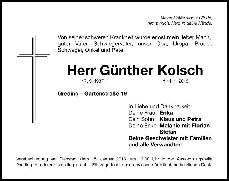 Traueranzeigen Von Günther Kolsch Trauernnde