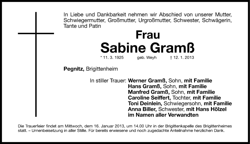  Traueranzeige für Sabine Gramß vom 14.01.2013 aus Nordbayerische Nachrichten Pegnitz Lokal