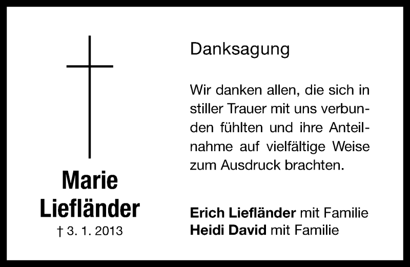  Traueranzeige für Marie Liefländer vom 19.01.2013 aus Altmühl-Bote Lokal