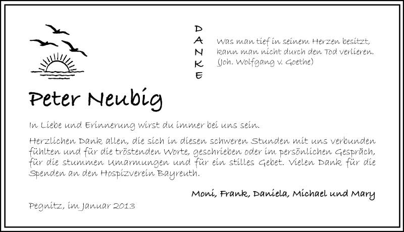  Traueranzeige für Peter Neubig vom 19.01.2013 aus Nordbayerische Nachrichten Pegnitz Lokal