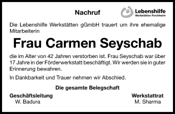 Traueranzeige von Carmen Seyschab von Nordbayerische Nachrichten Forchheim Lokal