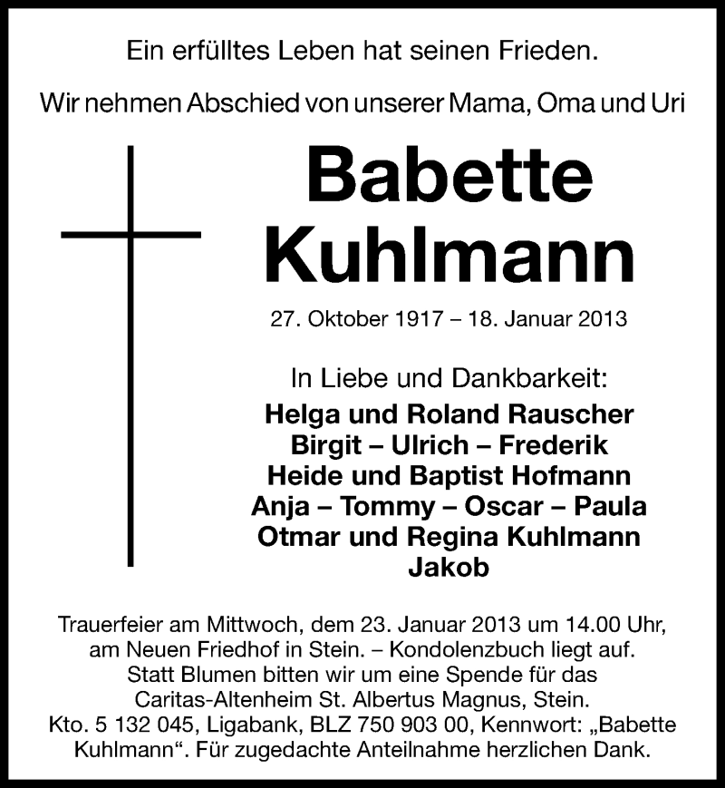  Traueranzeige für Babette Kuhlmann vom 21.01.2013 aus Gesamtausgabe Nürnberger Nachrichten/ Nürnberger Ztg.