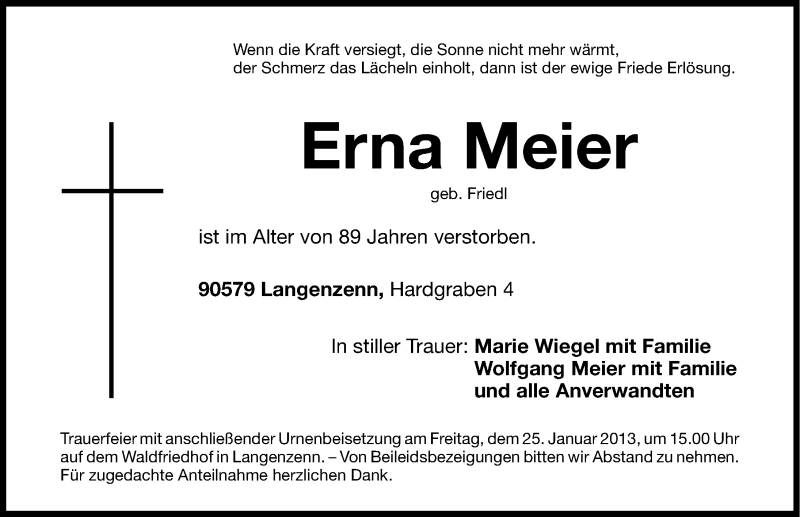  Traueranzeige für Erna Meier vom 22.01.2013 aus Fürther Nachrichten Lokal