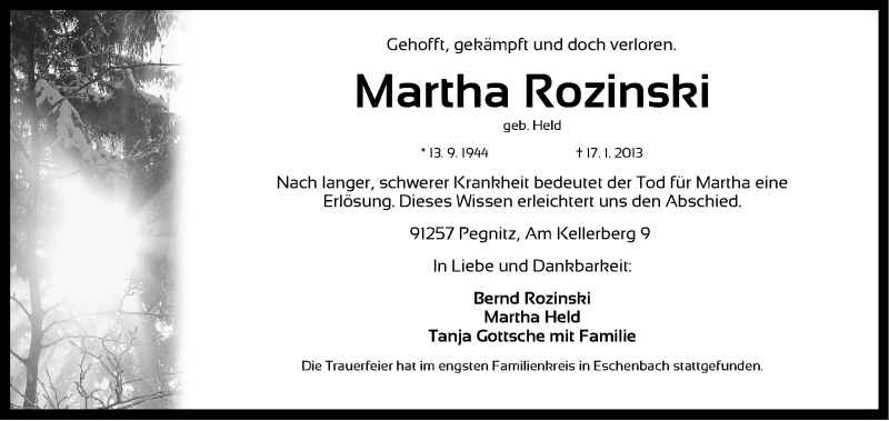  Traueranzeige für Martha Rozinski vom 23.01.2013 aus Nordbayerische Nachrichten Pegnitz Lokal