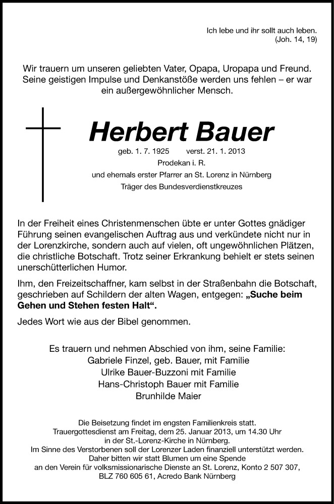  Traueranzeige für Herbert Bauer vom 23.01.2013 aus Gesamtausgabe Nürnberger Nachrichten/ Nürnberger Ztg.