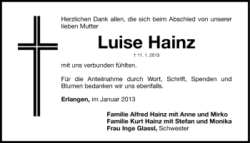 Traueranzeige von Luise Hainz von Erlanger Nachrichten Lokal
