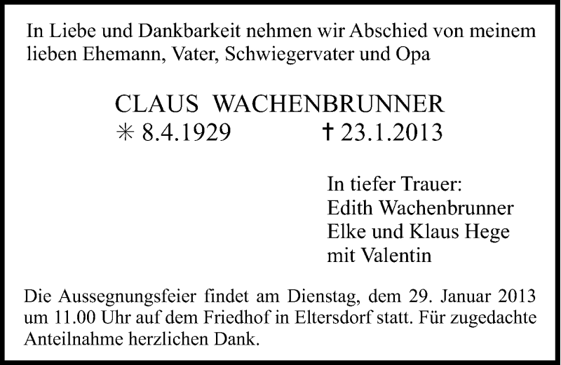  Traueranzeige für Claus Wachenbrunner vom 26.01.2013 aus Erlanger Nachrichten Lokal