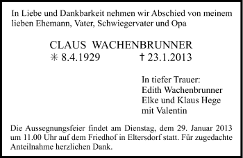 Traueranzeige von Claus Wachenbrunner von Erlanger Nachrichten Lokal