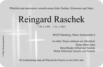 Traueranzeige von Reingard Raschek von Gesamtausgabe Nürnberger Nachrichten/ Nürnberger Ztg.