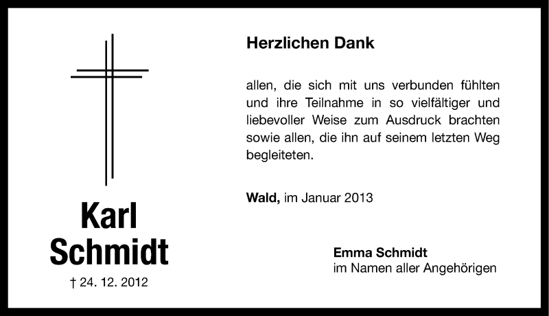  Traueranzeige für Karl Schmidt vom 26.01.2013 aus Altmühl-Bote Lokal