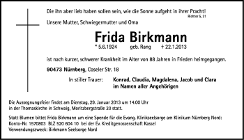 Traueranzeige von Frida Birkmann von Gesamtausgabe Nürnberger Nachrichten/ Nürnberger Ztg.