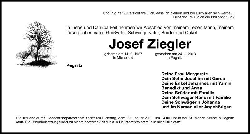  Traueranzeige für Josef Ziegler vom 26.01.2013 aus Nordbayerische Nachrichten Pegnitz Lokal