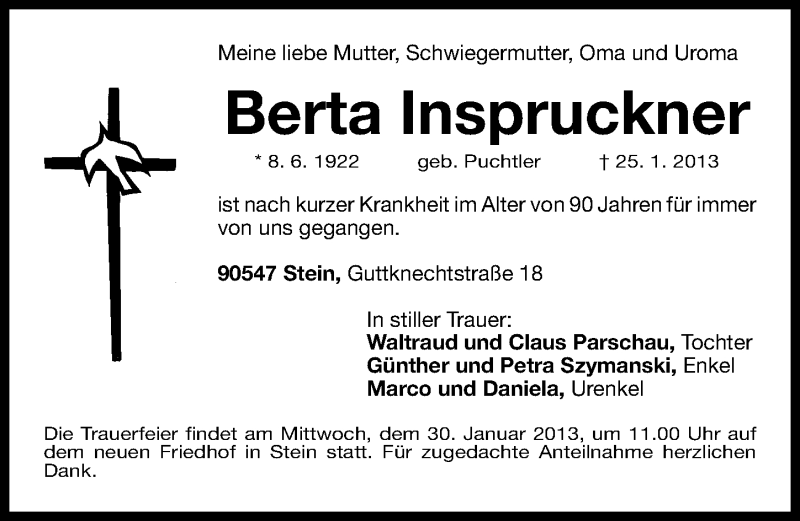  Traueranzeige für Berta Inspruckner vom 29.01.2013 aus Gesamtausgabe Nürnberger Nachrichten/ Nürnberger Ztg.