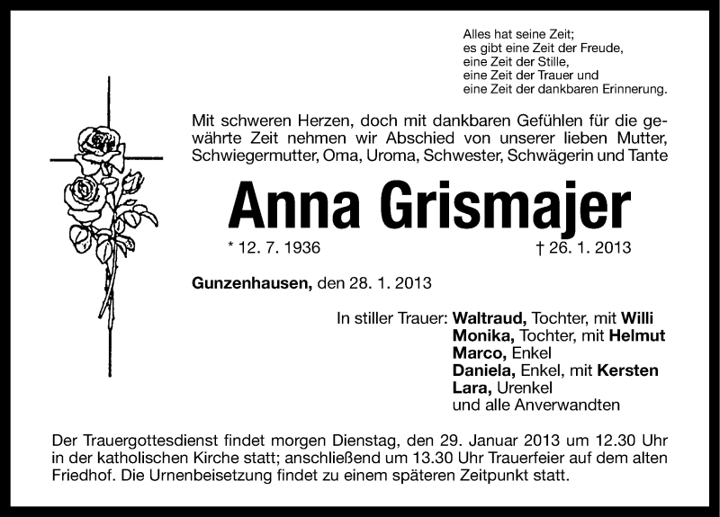  Traueranzeige für Anna Grismajer vom 28.01.2013 aus Altmühl-Bote Lokal