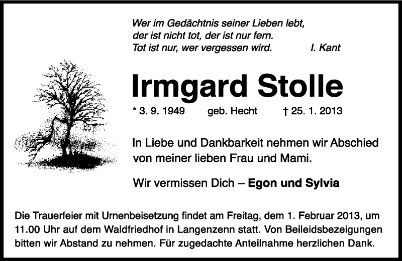  Traueranzeige für Irmgard Stolle vom 30.01.2013 aus Fürther Nachrichten Lokal