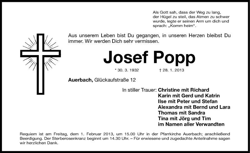  Traueranzeige für Josef Popp vom 30.01.2013 aus Nordbayerische Nachrichten Pegnitz Lokal