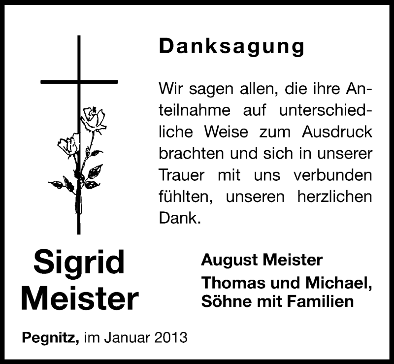  Traueranzeige für Sigrid Meister vom 30.01.2013 aus Nordbayerische Nachrichten Pegnitz Lokal