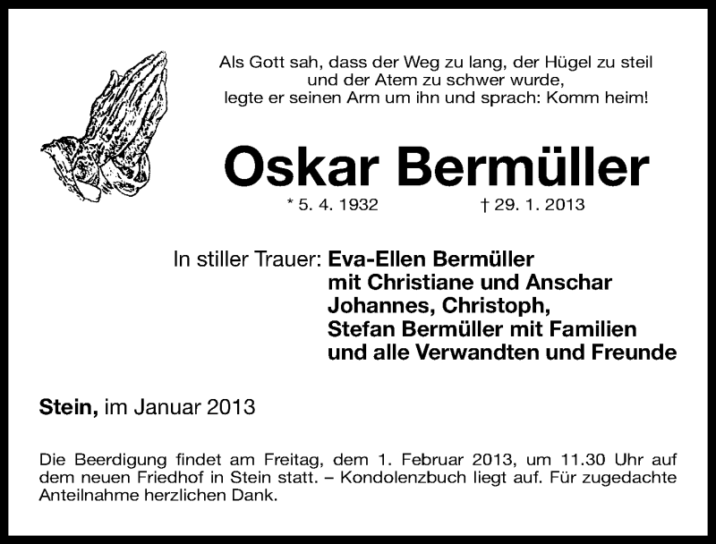 Traueranzeige für Oskar Bermüller vom 30.01.2013 aus Gesamtausgabe Nürnberger Nachrichten/ Nürnberger Ztg.