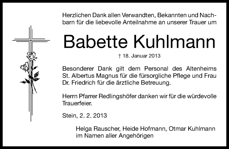  Traueranzeige für Babette Kuhlmann vom 02.02.2013 aus Gesamtausgabe Nürnberger Nachrichten/ Nürnberger Ztg.