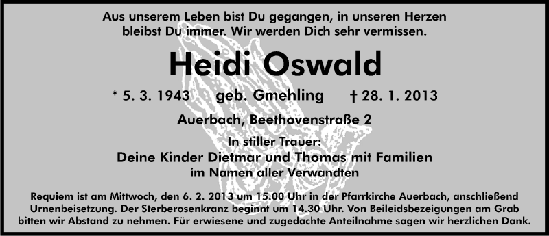  Traueranzeige für Heidi Oswald vom 02.02.2013 aus Nordbayerische Nachrichten Pegnitz Lokal