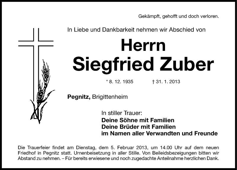 Traueranzeige für Siegfried Zuber vom 02.02.2013 aus Nordbayerische Nachrichten Pegnitz Lokal
