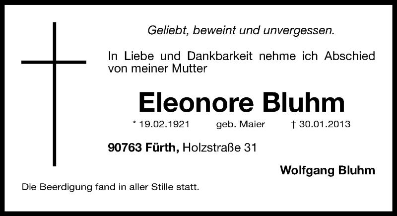  Traueranzeige für Eleonore Bluhm vom 02.02.2013 aus Fürther Nachrichten Lokal