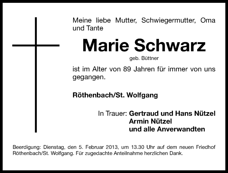  Traueranzeige für Marie Schwarz vom 02.02.2013 aus Gesamtausgabe Nürnberger Nachrichten/ Nürnberger Ztg.