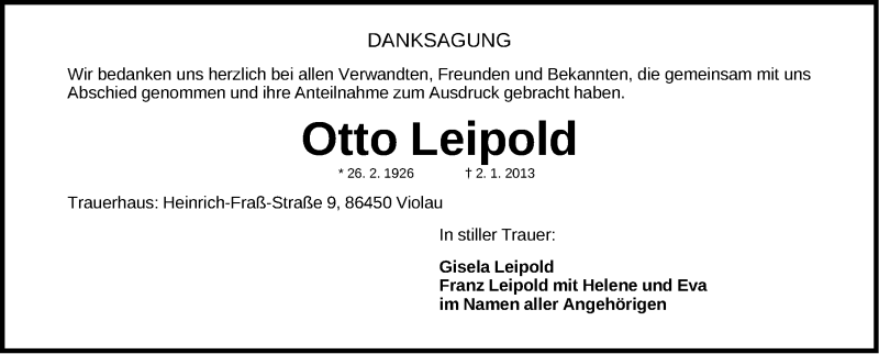  Traueranzeige für Otto Leipold vom 02.02.2013 aus Fürther Nachrichten Lokal